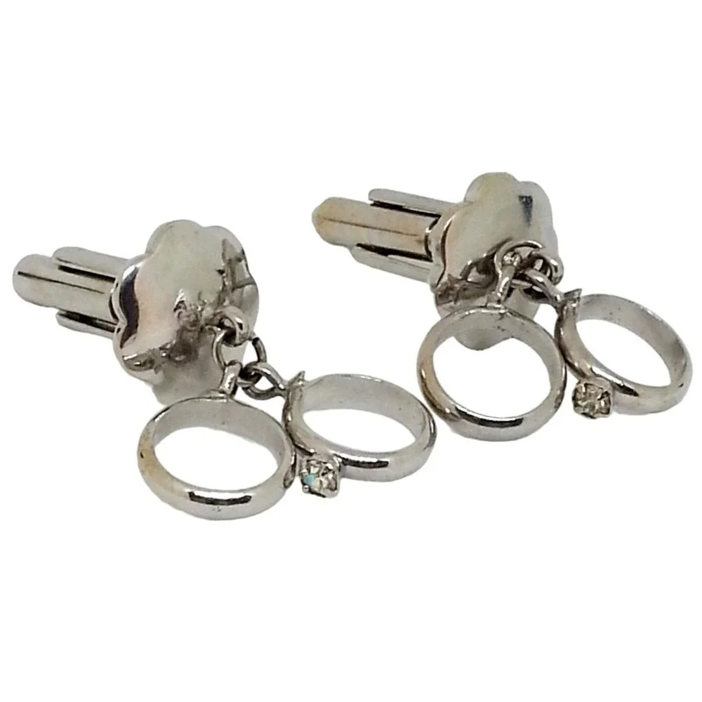Silver Tone Wedding Ring Cufflinks Novelty Double Band Vintage 1960s Groom Mens